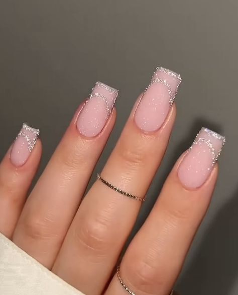 Clean Nails Square, Sparkling French Tip Nails, Square Nails With Gems, Square Nails With Glitter, Sparkle French Nails, Silver Design Nails, French Glass Nails, Birthday Nails Square, Silvester Nails