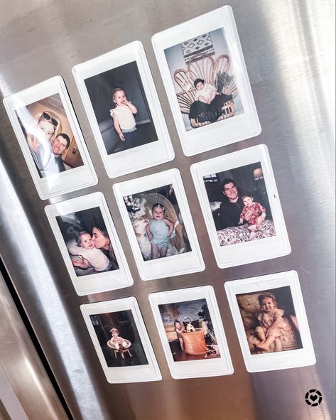 Polaroid Fridge, Polaroid Pictures On Fridge, Fridge Polaroid, Ways To Display Polaroid Pictures, Pictures On Fridge, Polaroids On Fridge, Fridge Magnets Display, Polaroid Magnets Diy, Instax Film Wall Decor