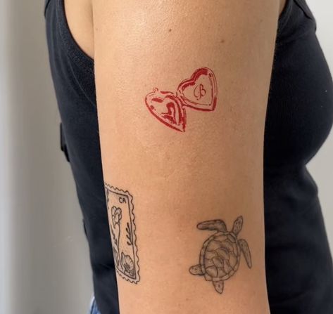 Tattoo In Red Ink, Sea Turtle Sketch, Double Heart Tattoo, Turtle Sketch, Cherry Tattoos, Petite Tattoos, Red Ink Tattoos, Red Tattoos, Discreet Tattoos