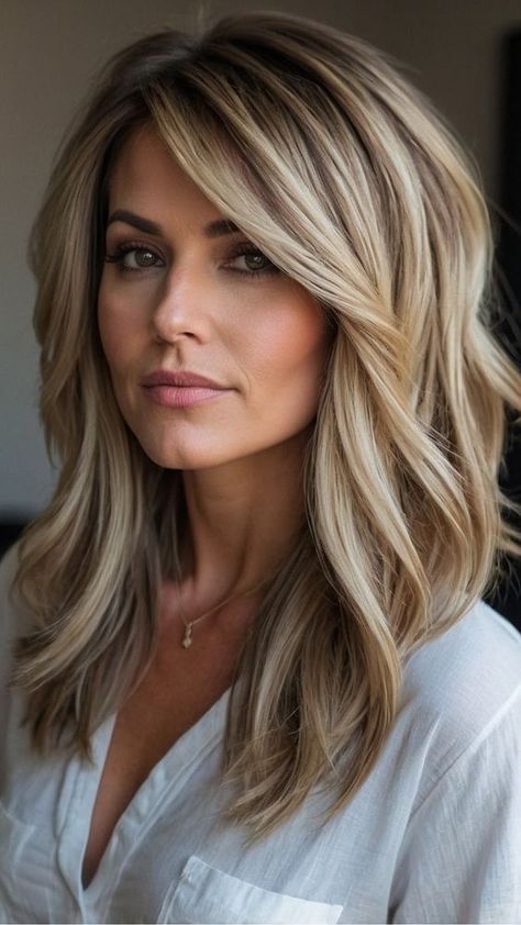 Layered Mom Haircut, Latest Medium Length Haircut, Haircuts For Midsize Women, How To Style My Hair Easy Hairstyles, Medium Long Haircut Side Part, Women Layered Haircut Medium, Medium Length Haircut Easy To Style, Haircuts For Fall 2024, Women's Medium Length Haircut