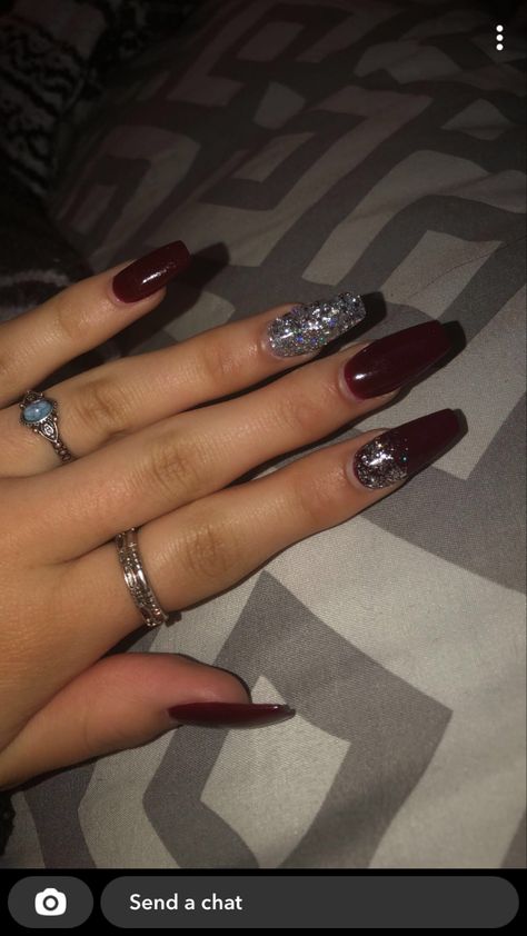 Maroon Nails For Hoco, Dark Maroon Acrylic Nails, Prom Nails Acrylic Burgundy, Wine Red Nails Acrylic Prom, Dark Red And Silver Nails, Dark Red Nails With Glitter, Maroon And Silver Nails, Maroon Nails Acrylic, Burgundy And Silver Nails