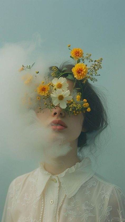 Portrait Inspo Faces, Woman And Flowers Drawing, Hair Color Photography, Girl With Flowers Aesthetic, Animated Photography, Animation Nature, Gentle Aesthetic, Animated Aesthetic, Flowers Animated