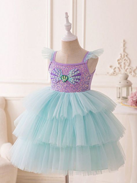 Young Girls'  Gorgeous Cap Sleeve Mermaid Princess Tutu Dress With Shell Beads & Net Yarn, Purple/GreenI discovered amazing products on SHEIN.com, come check them out! Mermaid Theme Birthday Dress, Mermaid Theme Dress, Mermaid Birthday Party Dress, Yellow Princess Dress, Princess Tutu Dress, Beading Netting, Mermaid Theme Birthday, Purple Collar, Princess Tutu