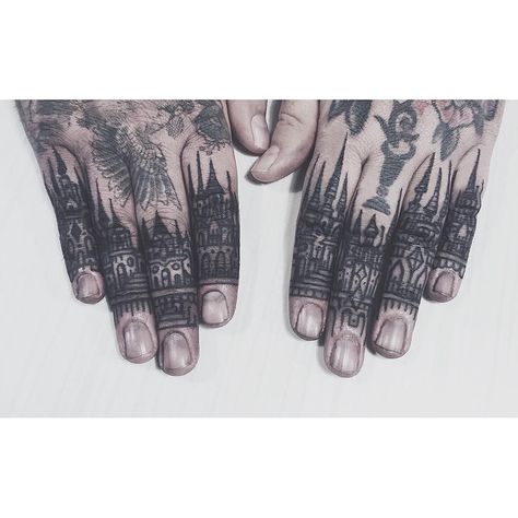 by @ttowerempire ✖️ #blxckink 2spirit Tattoo, Cathedral Tattoo, Woodcut Tattoo, Travel Tattoos, Finger Tats, Knuckle Tattoos, Geometric Tattoos, Hand Tattoos For Guys, Piercing Ideas