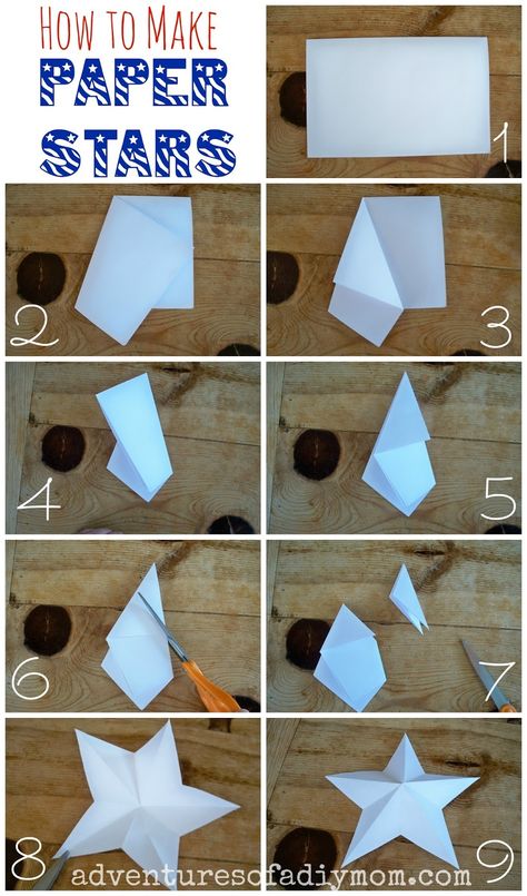 Adventures of a DIY Mom - How to Make 3-D Paper Stars Stars Diy Crafts, 3d Star Paper Craft, How To Make A Paper Star Easy, 3d Stars Diy Paper Easy, Christmas Tree Topper Ideas Diy Star, Making Stars With Paper, How To Make Star With Paper, 3d Paper Stars Diy, Paper Stars Diy Easy