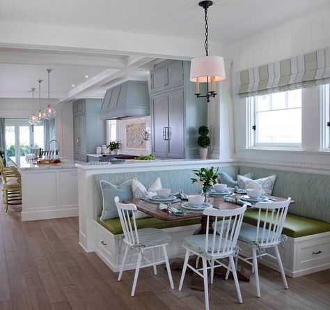 Coastal Style Kitchen, Beach House Renovation, Beach House Tour, Built In Banquette, Kitchen Banquette, Beach House Interior Design, House Of Turquoise, Kitchen And Dining Room, Banquette Seating