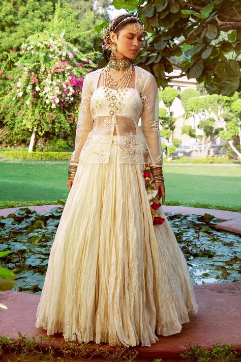 Buy House of Dasmaya Crinkled Lehenga Set With Peplum Jacket Online | Aza Fashions Destination Wedding Colors, White Lehenga Choli, White Lehenga, Buy House, Choli Designs, Lehenga Skirt, Peplum Jacket, Chaniya Choli, Lehenga Designs