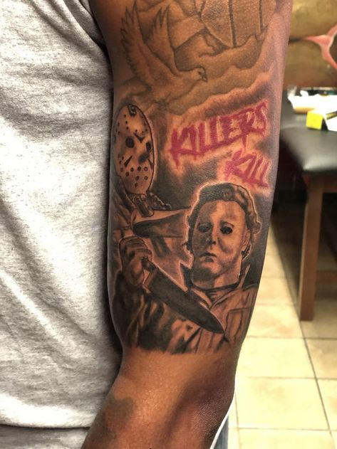 Horror tattoo | Shoulder sleeve tattoos, Forearm sleeve tattoos, Quarter sleeve tattoos Jason Leg Tattoo Men, Horror Movie Forearm Tattoo, Horror Movie Tattoos Ideas Sleeve, Killers Kill Tattoo, Chucky Gemini Tattoo, Men Tattoo Shoulder Ideas, Bad Guy Tattoo, Filler Tattoo Ideas Gap Men Arm, Shoulder Sleeve Tattoo Men