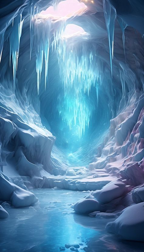 Frozen Kingdom Fantasy Art, Frozen Mountains Fantasy Art, Ice Background Winter, Snowy Landscape Fantasy Art, Underground Ice City, Fantasy Ice Kingdom Aesthetic, Ice Environment Concept Art, Ice Cave Battlemap, Ice Landscape Fantasy Art