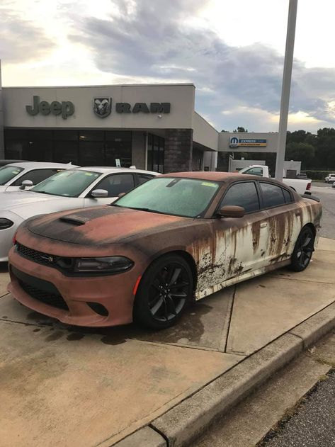 This Brand new Dodger Charger with a rustic wrap at a car dealership Laferrari Aperta, New Dodge, Ferrari Cars, Aesthetic Cool, Rusty Cars, Car Wrap Design, Car Aesthetic, Chrysler Jeep, Car Images