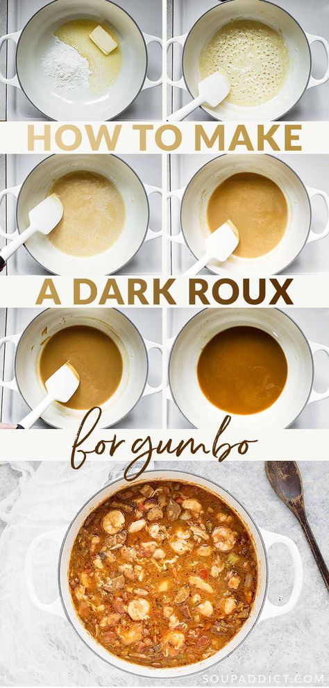 How to make a classic dark roux for gumbos, etouffees, and other southern dishes. Photos and instructions included at SoupAddict.com Roux Recipe Gumbo, Gumbo Roux Recipe New Orleans, Homemade Roux For Gumbo, How To Make A Roux For Gumbo, Dark Roux Gumbo Recipe, Seafood And Chicken Gumbo, Gumbo Rue Recipe, Oven Roux Recipe, Gumbo Roux Easy