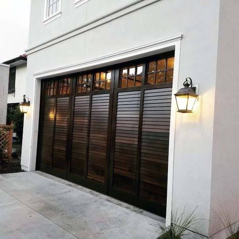 Garage Door With Windows Modern, Garage Doors Glass Panel, Garage Door Designs Ideas, Modern Garage Doors Glass, Garage Door Wall Ideas, Double Garage Doors With Windows, Modern Farmhouse Exterior Garage Doors, Garage Doors With Windows That Open, Diy Modern Garage Door