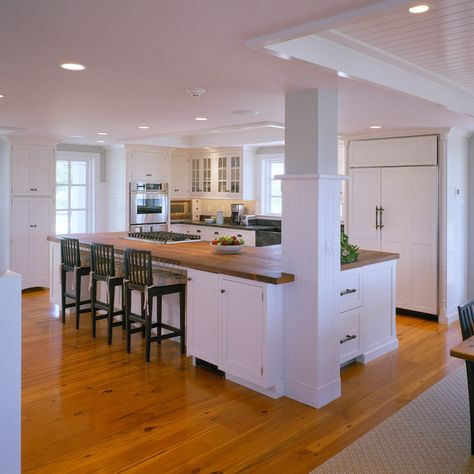 Support Beams | Houzz Islands With Columns, Kitchen Island With Columns, Kitchen Columns, Narrow Kitchen Island, Artistic Kitchen, Kitchen Dining Room Combo, Boston House, Grey Kitchen Island, Ikea Kitchen Island