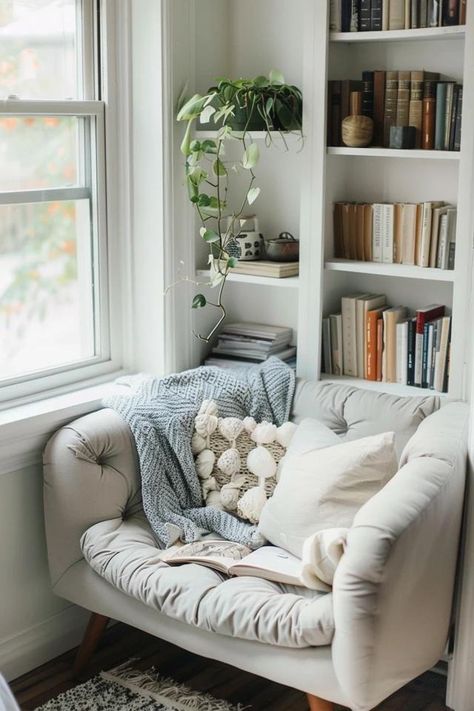 Cozy Corner Reading Nook Ideas for Book Lovers Living Room Designs With Reading Area, Reading Corner With Shelves, Seating Corner In Bedroom, Reading Nook Stair Landing, Tiny Seating Area, Spare Room Reading Nook, Book Room Ideas Reading Areas, Reading Corner Shelves, Narrow Reading Nook