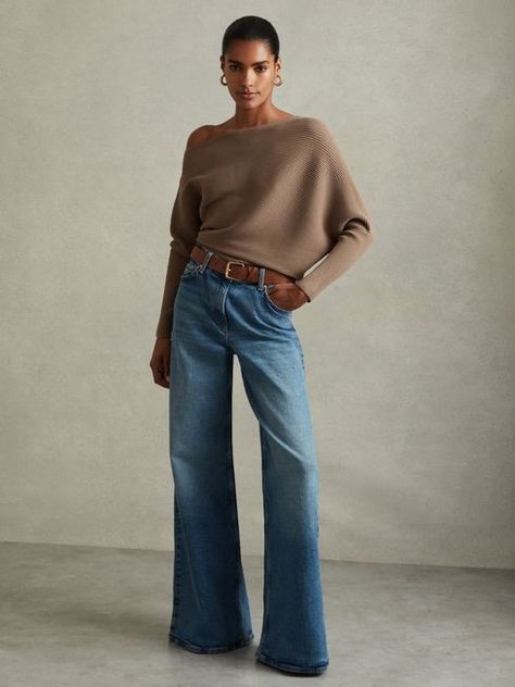 Fall Outfits Inspiration 2024, Asymmetrical Knit Top, Flamboyant Natural Tops, Women’s Workwear, Jeans Fall 2024, Fall Work Outfits 2024, Cool Autumn Outfits, Jeans Work Outfits Women, Brown Jeans Outfit Women