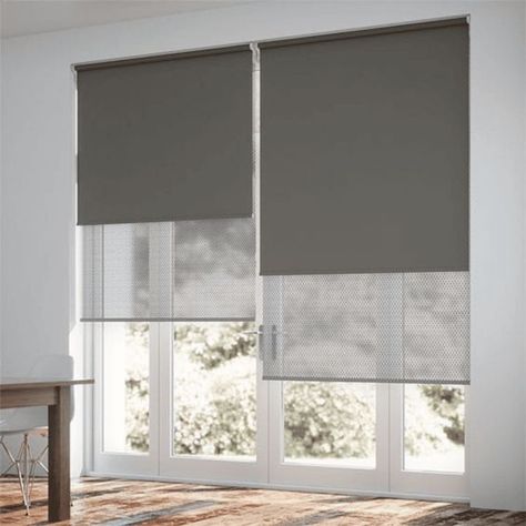 Roller Shades Living Room, Modern Window Blind, Blinds And Curtains Living Room, Roller Blinds Living Room, Black Window Treatments, Modern Roller Blinds, Blinds For French Doors, Window Roller Blinds, Grey Blinds