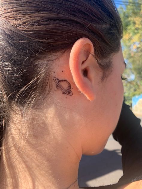 #tattoo #saturn #space #planets #aesthetic #tattooideas #tattoosforwomen #tattooart Saturn Tattoo Behind Ear, Space Planets Aesthetic, Planets Aesthetic, Saturn Tattoo, Shadow Tattoo, Tattoo Shading, Sweet Tattoos, Ring Tattoos, Space Planets