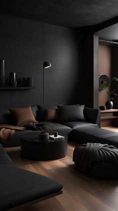 Black Aesthetic Apartment, Dark Modern House Interiors, Black Wall Paint, Dark Modern Interior, Black House Decor, Dark Modern House, Black Painted Walls, Dark Rooms, Dark Modern