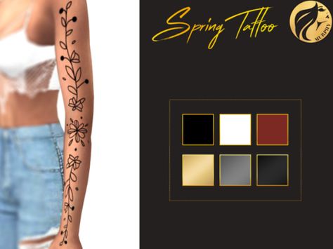 Murphy Sims  [MS] Spring Tattoo    Comes in 6 colors:    Black  White  Henna  Gold  Silver  Glossy Black  DOWNLOAD Sims 4 Gold Tattoo, Ts4 Tattoos, Spring Tattoo, White Ink Tattoos, 4 Piercings, Cc Skin, Cc Makeup, Sims 4 Tattoos, Sims 4 Piercings