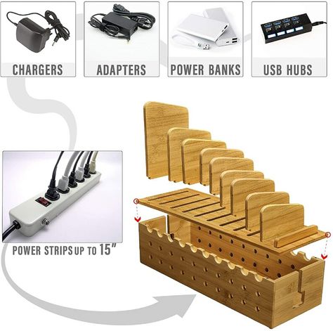 10 Device Bamboo Charging Station Rack With Cable Cord | Etsy Diy Docking Station, Charging Station Box, Power Strip Organization, Charging Station Organizer, Phone Charging Stations, Cell Phone Charging Station, Outlet Strip, Phone Charging Station, Cable Management Box