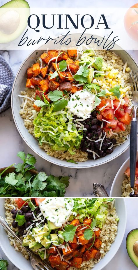 These quinoa burrito bowls are piled high with blackened sweet potato cubes and all the burrito bowl fixins' including black beans, corn, avocado, tomato, and lots of cheese. Sweet Potato Cubes, Quinoa Burrito, Sweet Potato Burrito, Burrito Bowl Meal Prep, Mexican Sweet Potatoes, Potato Cubes, Vegetarian Burrito, Corn Avocado, Black Beans Corn