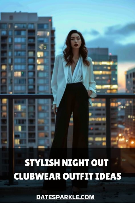 Woman in a white blazer and black pants on a city balcony at night. Trendy Night Out Outfits, Night Out Clubwear, Night Out Outfit Ideas, Night Out Outfits, Statement Dresses, Black Halter Jumpsuit, Clubwear Outfits, Out Outfits, Evening Style