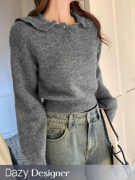 Women Sweaters, Button Cardigan, Cardigan Sweaters For Women, Cardigan Sweater, Drop Shoulder, Sweater Cardigan, Sweaters For Women, Solid Color, Collar