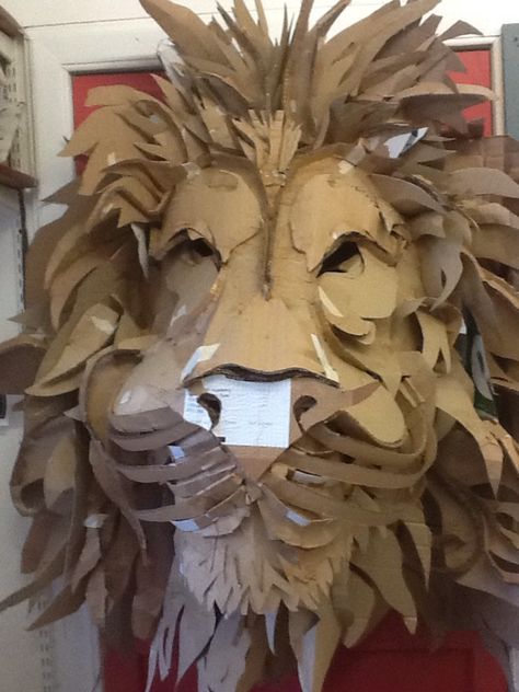 Aslan in progress, cardboard lion mask Cardboard Lion Mask, Lion Puppet, Wonka Costume, Bestie Ideas, Easy Couple Halloween Costumes, Punny Halloween Costumes, Easy College Halloween Costumes, Best Group Halloween Costumes, Popular Halloween Costumes