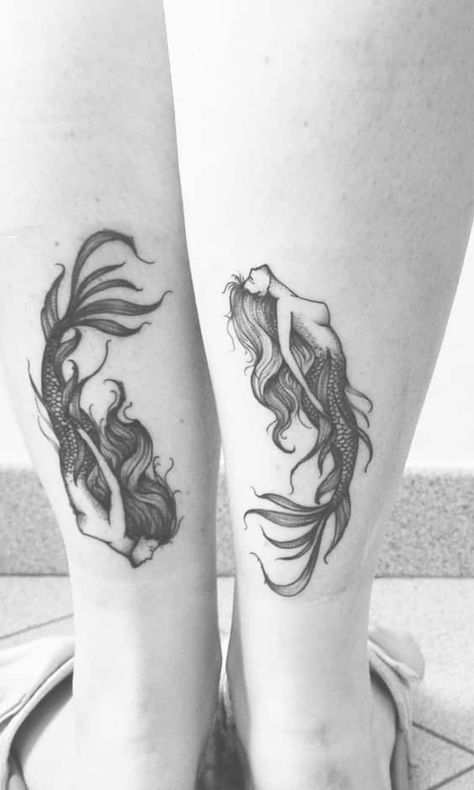 Matching Mermaid Tattoos For Best Friends, 2 Mermaids Tattoo, Mermaid Cover Up Tattoo, Mermaid Sisters Tattoo, Two Mermaids Tattoo, Mermaid Forearm Tattoo, Matching Mermaid Tattoos, Mermaid Ankle Tattoo, Mermaid Hip Tattoo