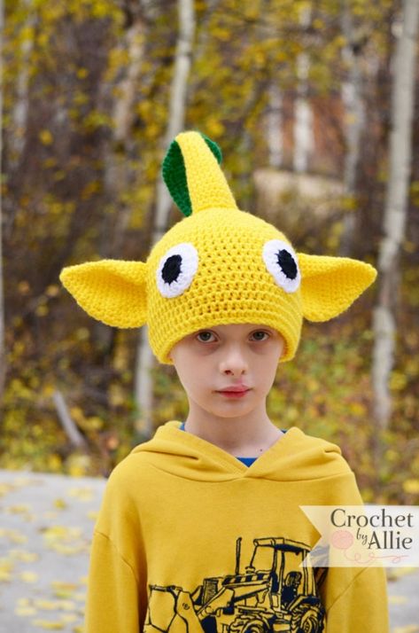 Yellow Pikmin Hat | Crochet by Allie White Pikmin, Purple Pikmin, Red Pikmin, Yellow Pikmin, Blue Pikmin, Yellow Costume, High Places, Upcycled Clothes, Custom Crochet