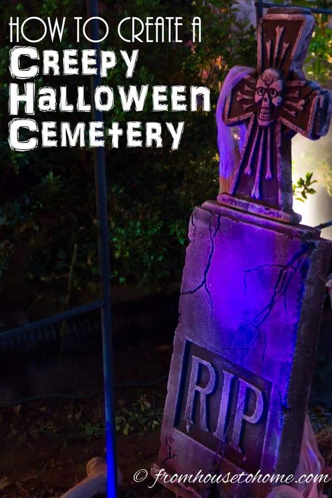 How To Create A Creepy Halloween Cemetery | Graveyards are a fun and spooky way of decorating your yard for trick-or-treaters. Click here to find out how to create a creepy Halloween cemetery. Diy Halloween Pillars, Spooky Halloween Yard, Diy Halloween Graveyard, Halloween Graveyard Ideas, Halloween Yard Haunt, Halloween Gravestones, Halloween Party Decor Ideas, Halloween Cemetery, Halloween Lighting