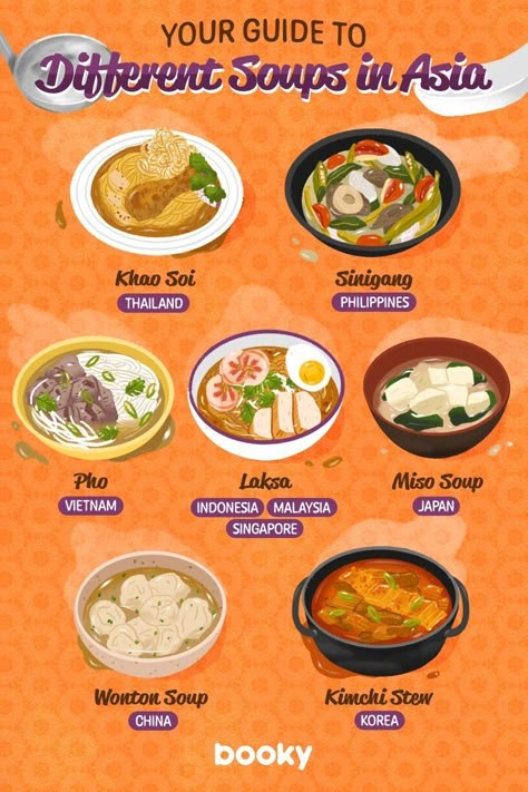 A quick guide to different soups in Asia Different Soups, City In Japan, Homemade Recipe Books, Homemade Cookbook, Food Infographic, Foreign Food, Instant Noodle, Food Info, Delicious Snacks Recipes