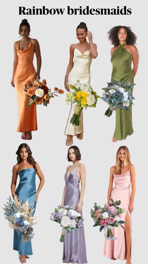 Rainbow bridesmaids dresses 🧡💛💚🩵💜🩷 Bridesmaid Dresses Rainbow, Rainbow Bridesmaid Dresses, Rainbow Bridesmaids, Jasmine Wedding, Color Vibe, Guest Attire, Bridesmaids Dresses, Wedding Bridesmaid Dresses, Wedding Bridesmaids