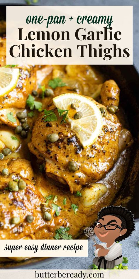 Juicy, flavorful, and deliciously creamy lemon garlic chicken thighs with capers...so easy to make in one pan. Serve with mashed potatoes, rice, and/or vegetables for a perfect weeknight dinner! #chickenthighs #creamychicken #onepanmeals #easydinnerrecipe Lemon Garlic Parmesan Chicken Thighs, Chicken Thigh With Mashed Potatoes, Chicken Thighs And Mashed Potatoes, Chicken Thigh Recipes Lemon, Chicken Thigh Recipes Lemon Garlic, Ina Garten Creamy Chicken Thighs With Lemon And Thyme, Creamy Chicken Thighs With Lemon And Thyme Ina Garten, Lemon Chicken With Capers, Creamy Lemon Garlic Chicken