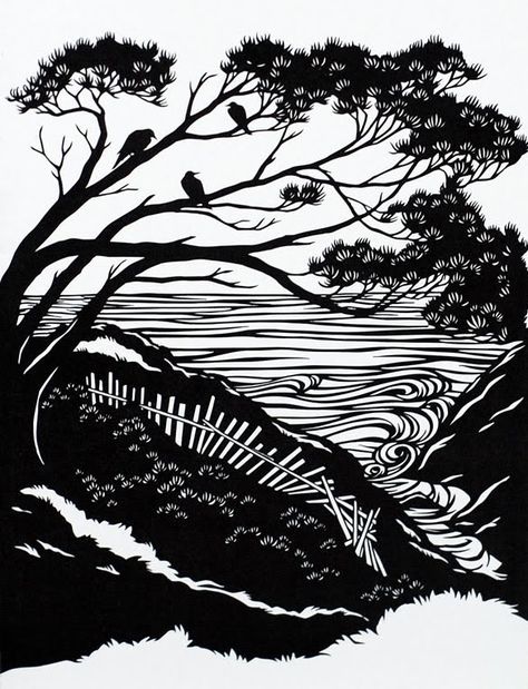 Image copyright Nikki McClure, via www.nikkimcclure.com Happy Friday everyone! I just found this interview online of one of my favorite a... Nikki Mcclure, Lake Scenes, Woodcut Art, Linocut Printmaking, Lino Art, Linocut Art, Woodcuts Prints, Wood Engraving, Paper Cut Art