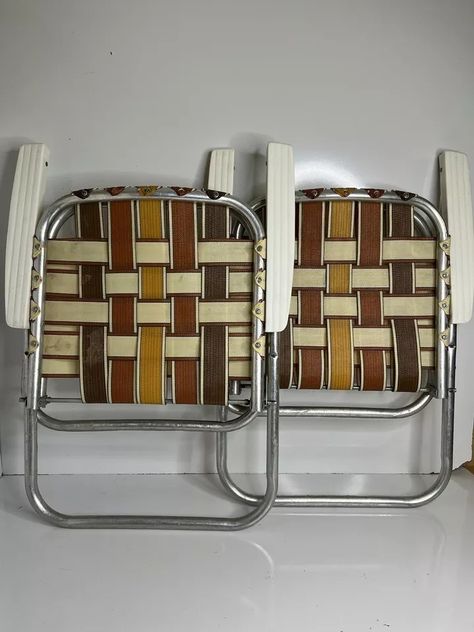 Set Of 2 Vintage Aluminum Folding Webbed Lawn Chair 70s 1970s Beach Camping | eBay 1970s Beach, Lawn Chair, Camping Chair, Lawn Chairs, Beach Camping, Patio Area, Folding Chair, Color Pallets, Retro Style