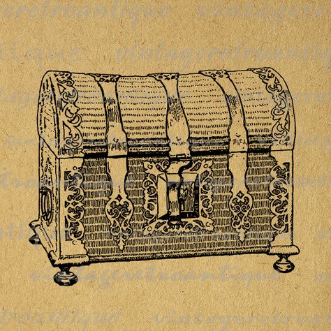 Digital Image Antique Trunk Download Illustration Printable Treasure Chest Graphic  @ vintageretroantique.com #Printable #Digital #Image #Art #VintageRetroAntique #Clipart #Download #Vintage #Antique #Artwork #Illustration Treasure Chest Illustration, Burlap Sacks, Antique Trunk, Vintage Trunks, Antique Artwork, Art Ancien, Clip Art Vintage, Printable Image, Treasure Chest