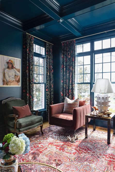 sitting room painted in Farrow & Ball’s Hague Blue Room Design Maximalist, Navy Blue Sitting Room, Blue Sitting Room, Gloss Walls, Farrow And Ball Living Room, Navy Blue Paint Colors, Timeless Paint Colors, Ladies Lounge, Ceiling Paint