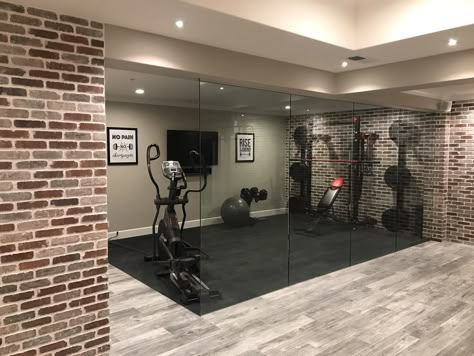 Home gym. Glass walls. Home Gym Basement, Home Gym Ideas, Basement Gym, Exercise Room, Gym Room At Home, Reformer Pilates, Best Home Gym, Man Cave Home Bar, Small Basements