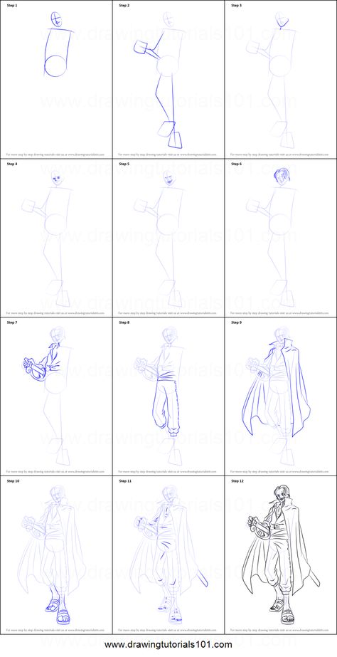 How to Draw Shanks from One Piece Printable Drawing Sheet by DrawingTutorials101.com One Piece Printable, Dragon Ball Z Manga, Supreme Kai, Drawing Tricks, Dragon Ball Z Dragon, One Piece Tattoos, Drawing Sheet, Animation Sketches, Anatomy Sketches