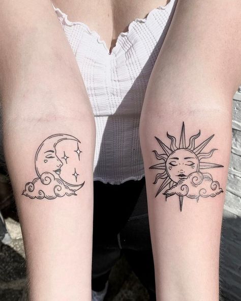 Soon And Moon Tattoo, Sun And Moon Separate Tattoo, Celestial Woman Tattoo, Vision Scrapbook, Matching Sun And Moon Tattoo, Sun And Moon Tattoos, Bohemian Tattoo, Small Wave Tattoo, Moon Sun Tattoo