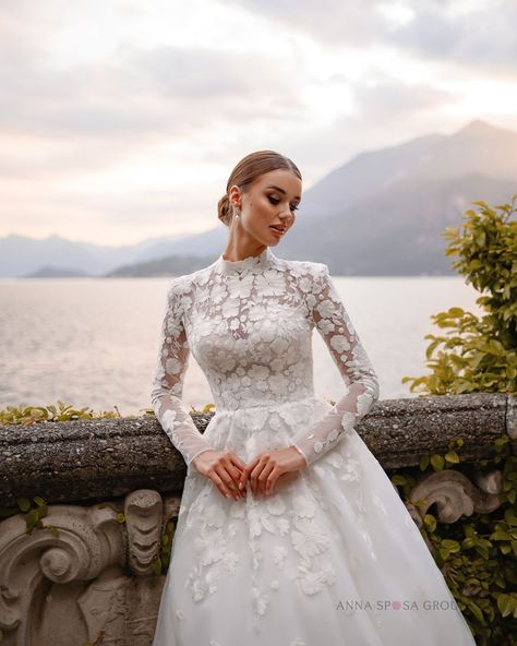 Arwen Wedding Dress | Como Collection 2023 | Anna Sposa by Anna Sposa Group. Stunning wedding dress with long sleewes. Elegant A-line lace wedding dress with a train. Wedding 2023 #wedding #weddingdress #bridetobe #bride #weddinginspiration Arwen Wedding, Long Sleeve Boho Wedding Dress, Sleeve Boho Wedding Dress, Wedding Dress High Neck, Dress With A Train, Long Sleeve Wedding Dress Boho, Princess Bridal, High Neck Wedding Dress, Beach Bridal Gown