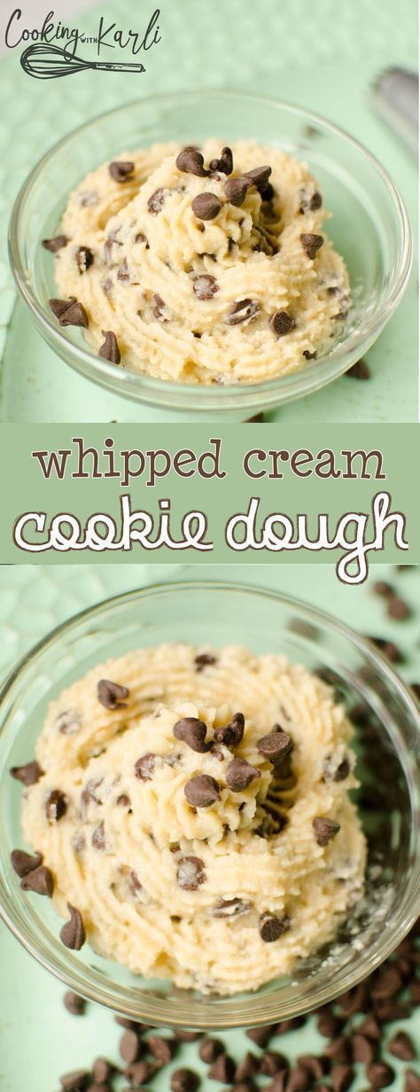 Whipped Cream Cookie Dough is packed with cookie dough flavor, chocolate chips and has the texture of whipped cream. This is great as a filling inside of cupcakes, used as a frosting or eaten with a spoon. |Cooking with Karli| #cookiedough #whippedcream #frosting #filling #dip #recipe #dessert Whipped Cream Cookie, Whipped Cream Desserts, Cooking With Karli, Edible Cookie Dough Recipe, Cookie Dough Cake, Cookie Dough Dip, Recipes With Whipping Cream, Sweet Dips, Baked Treats