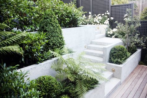 Hardscaping 101: Retaining Walls - Gardenista Backyard Retaining Walls, Concrete Retaining Walls, Sloped Backyard, Concrete Stairs, Sloped Garden, Garden Steps, Walled Garden, Concrete Garden, Landscaping Supplies