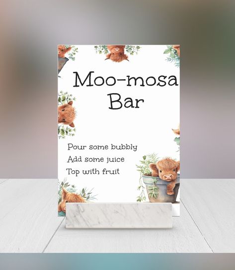 "This editable Highlander Moo-mosa Sign template is an easy and customizable way to celebrate your upcoming addition to the herd (baby😊). Cute cows peek around the corner on this fun sign. Save time and money but still express your own unique style using templates. Easy to personalize by changing background colors, fonts, font colors, editing the text, or adding your own photos and elements to decorate this customizable sign. These are files that you edit, download, and print yourself. No items Highlander Cow Party, Holy Cow Were Having A Baby Shower Theme, Highland Cow Party Ideas, Highlander Cow Baby Shower Theme, Highland Cow Bridal Shower Ideas, Baby Shower Highland Cow Theme, Highland Cow Themed Baby Shower Ideas, Holy Cow Baby Shower Theme, Highland Cow Baby Shower Ideas