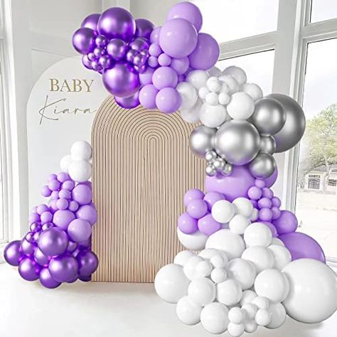 Pastel Purple Balloon Garland, Purple White Silver Balloon Garland, Purple Backdrops For Parties, Purple White Silver Party, Purple And Silver Balloon Arch, Purple Silver And White Birthday Party, Purple And White Balloons, Purple And White Balloon Arch, Purple White And Silver Party Decor