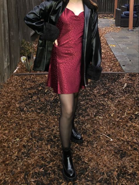 red satin dress, leather jacket outfit Red Dress With Black Jacket, Red Dress Aesthetic Outfit, Red Jacket Outfits For Women, Leather Jacket And Dress Aesthetic, Prom Dress With Leather Jacket, Edgy Red Dress Outfit, Dress With A Leather Jacket Outfit, Silk Red Dress Outfit, Jacket Over Dress Formal Satin