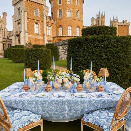 Gingham Placemats, Fluted Wine Glasses, Mrs Alice, White Placemats, Blue Placemats, Pagoda Lanterns, Blue Parrot, Green Parrot, Green Ikat