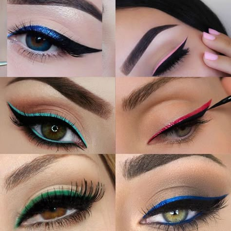 Double Color Eyeliner, Colored Eyeliner Looks For Hooded Eyes, Double Liner Eye Makeup, Gel Eyeliner Tutorial, Liquid Eyeliner Tutorial, Eyeliner Art, Color Eyeliner Makeup, Eye Makeup Halloween, Eye Makeup Brown