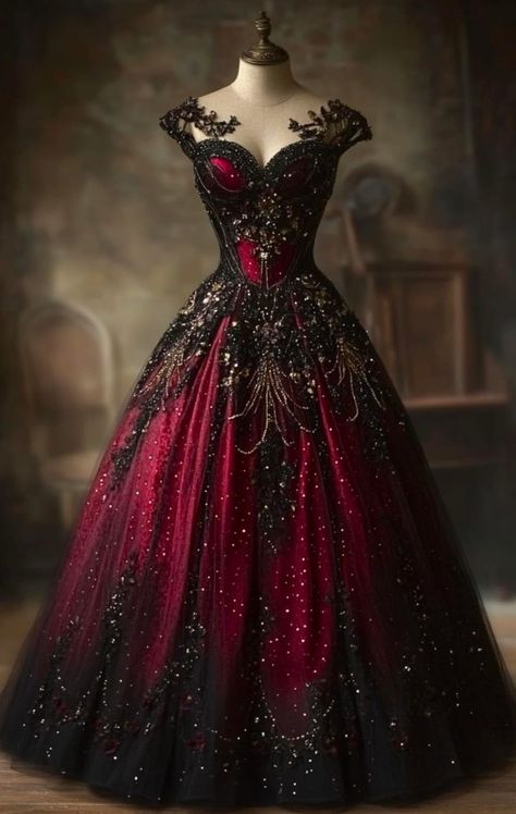 Black And Red Dress Formal Ball Gowns, Red And Black Ball Gown, Mine Core, Mascarade Dresses, Witches Dress, Midevil Dress, Black Gown Dress, Fairytale Gown, Formal Ball Gown